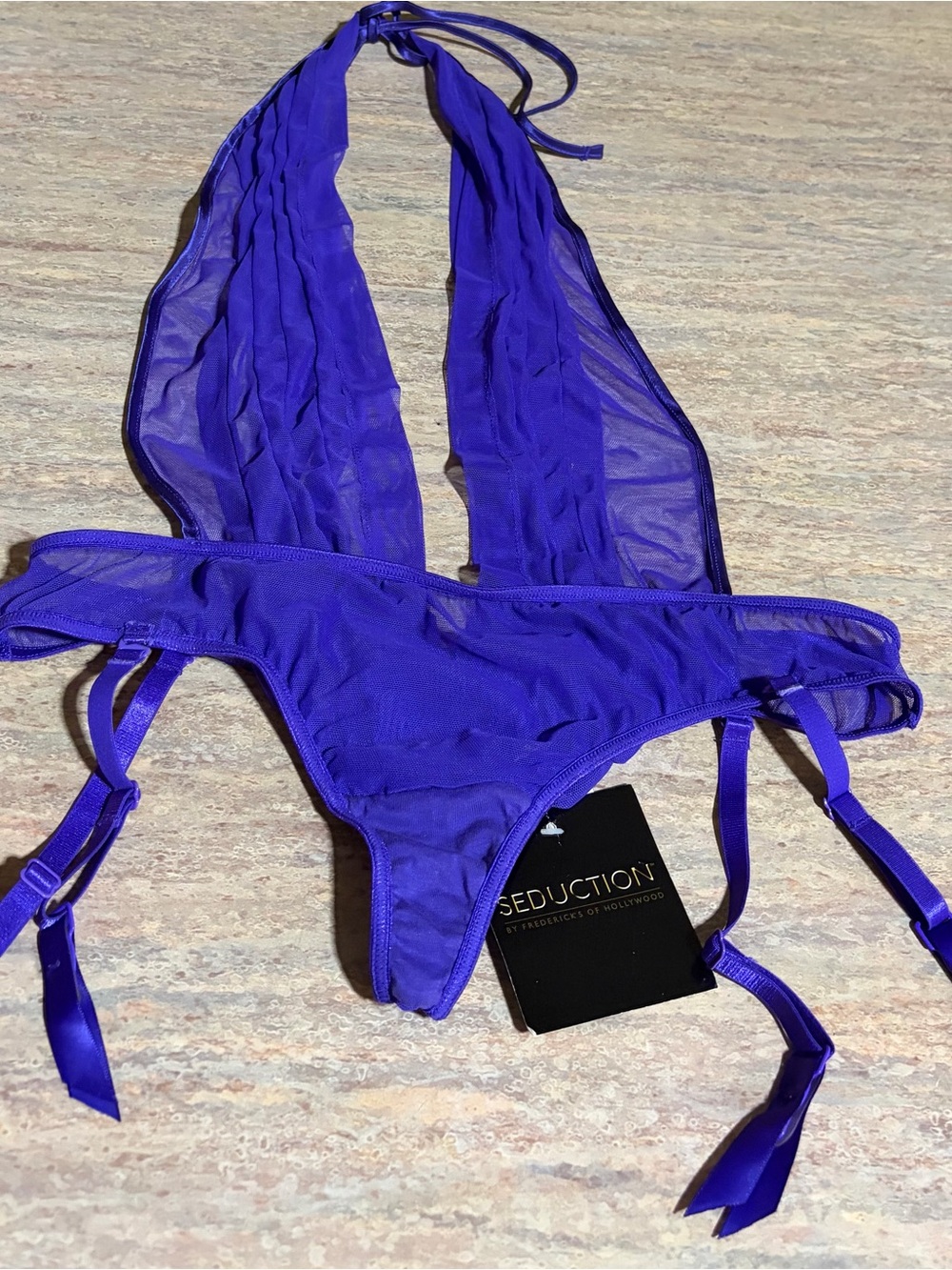 NWT Frederick’s of Hollywood Seduction Purple Halter Sexy Bodysuit & garter